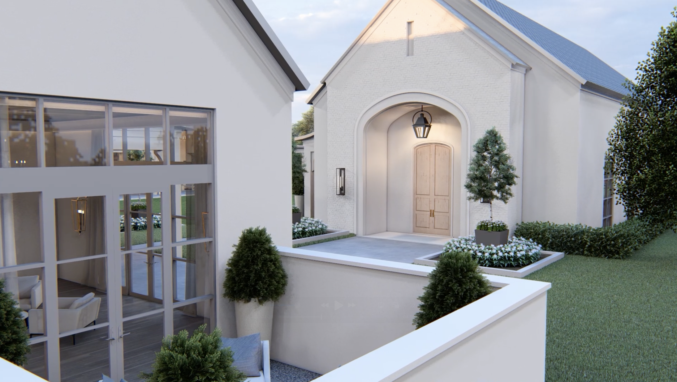 A modern rendering of a white wedding venue showing the chapel's arched entrance next to a glass-walled bridal suite and lower patio area.