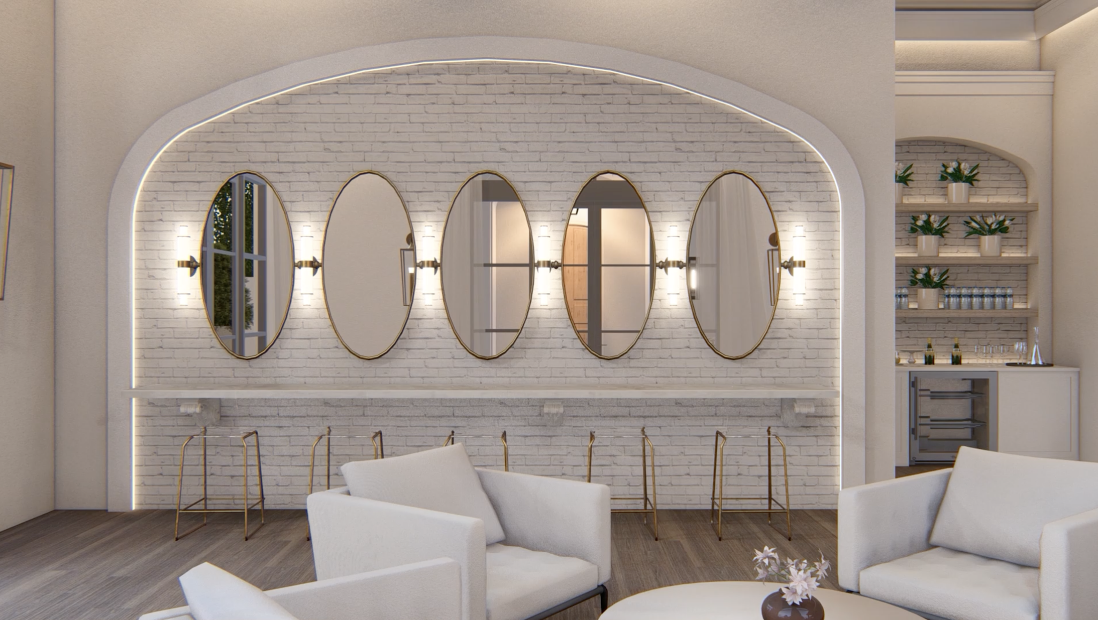 A modern bridal suite rendering featuring an arched recess with a white brick wall, five oval vanity mirrors, gold bar stools, and white lounge seating.