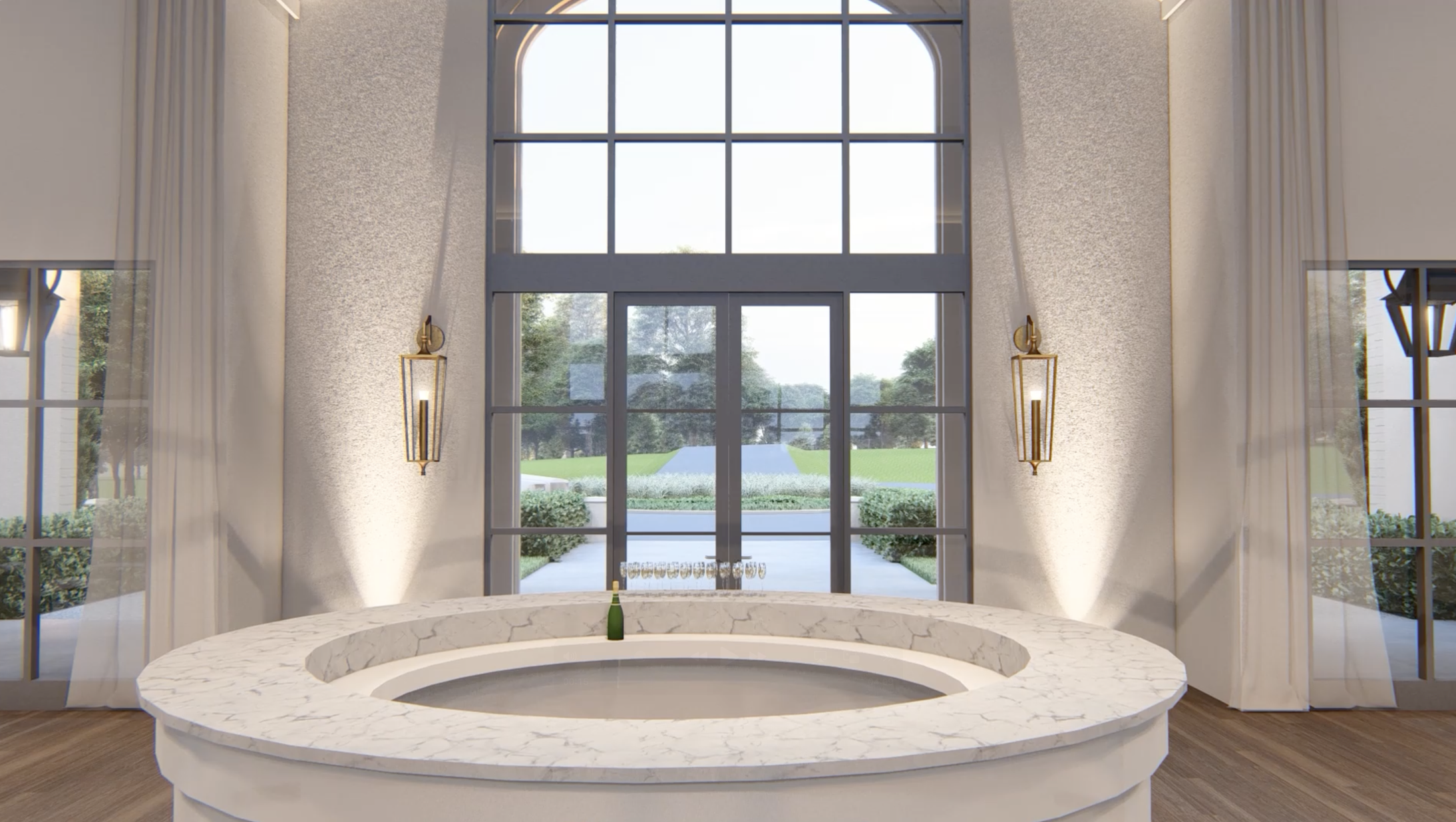 A modern rendering of a welcoming lounge featuring a circular white marble bar and tall glass doors with a view of the manicured outdoor grounds.