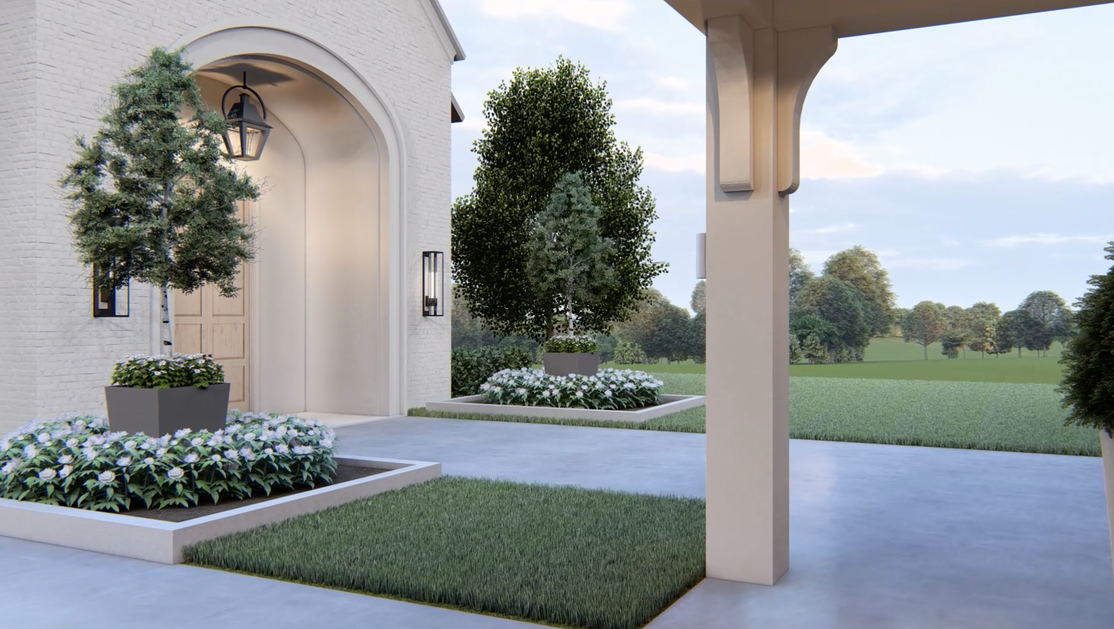 A rendered view of the white brick chapel entrance patio with an arched doorway, modern planters filled with white flowers, and manicured green landscaping.