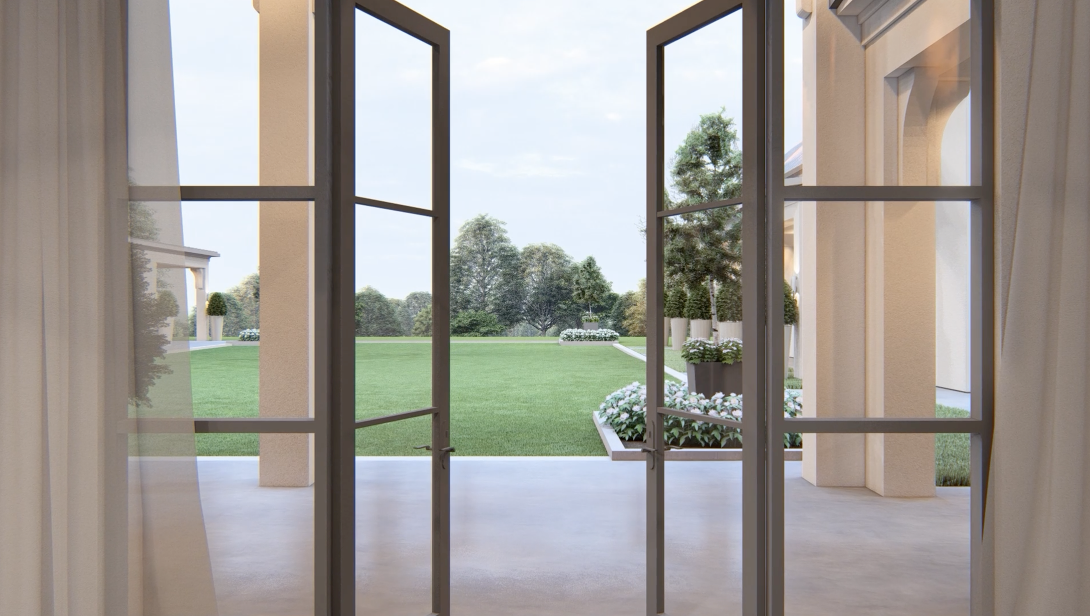 A rendered view looking out from an interior space through open glass patio doors onto a large, manicured green lawn and garden beds.