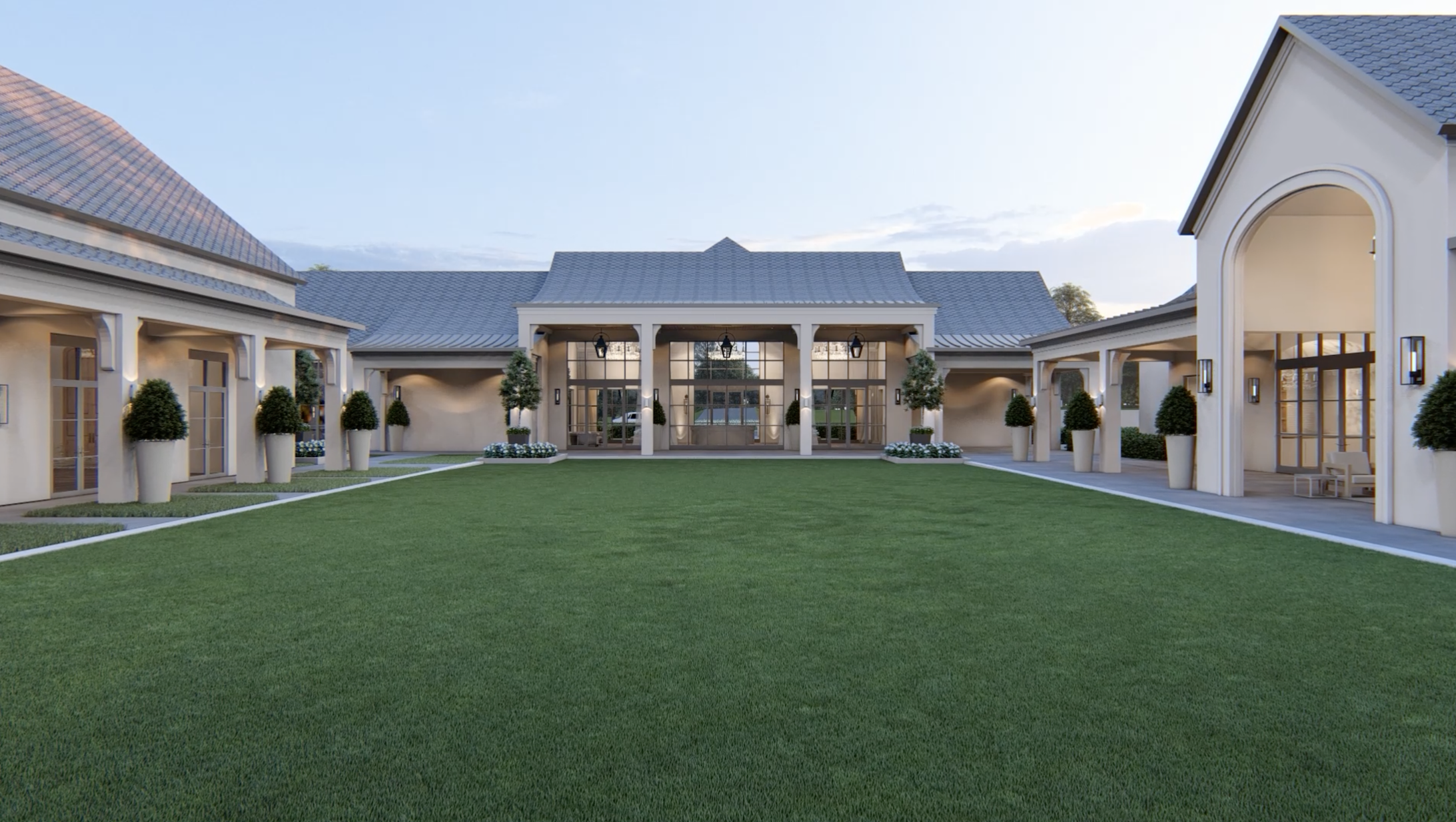 A rendered view of the luxury wedding venue's exterior courtyard featuring a large, symmetrical green lawn bordered by covered walkways and large planters.