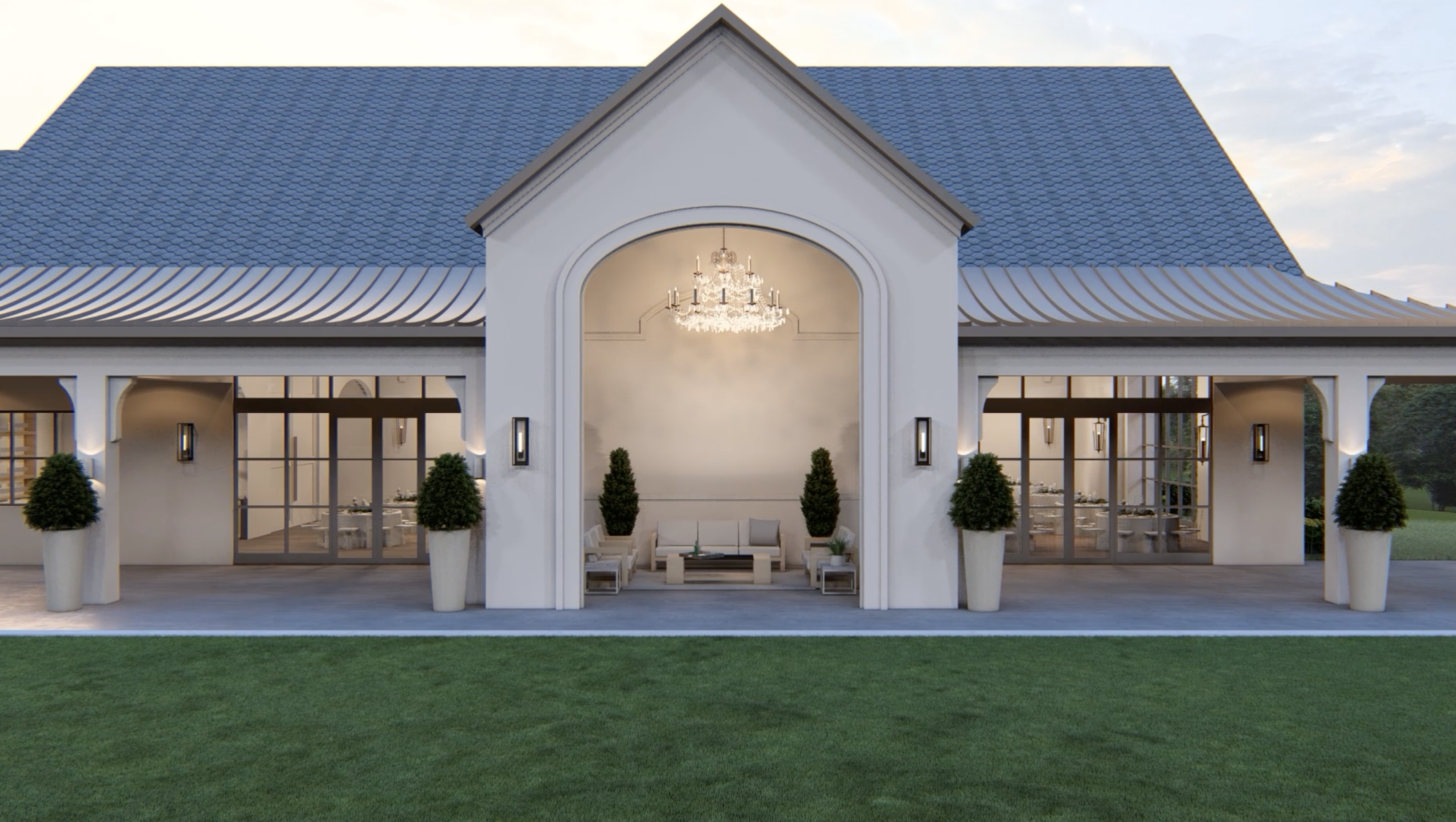 A rendered view of the main reception building exterior featuring a dramatic arched covered veranda with a chandelier and lounge furniture, flanked by glass doors and planters.