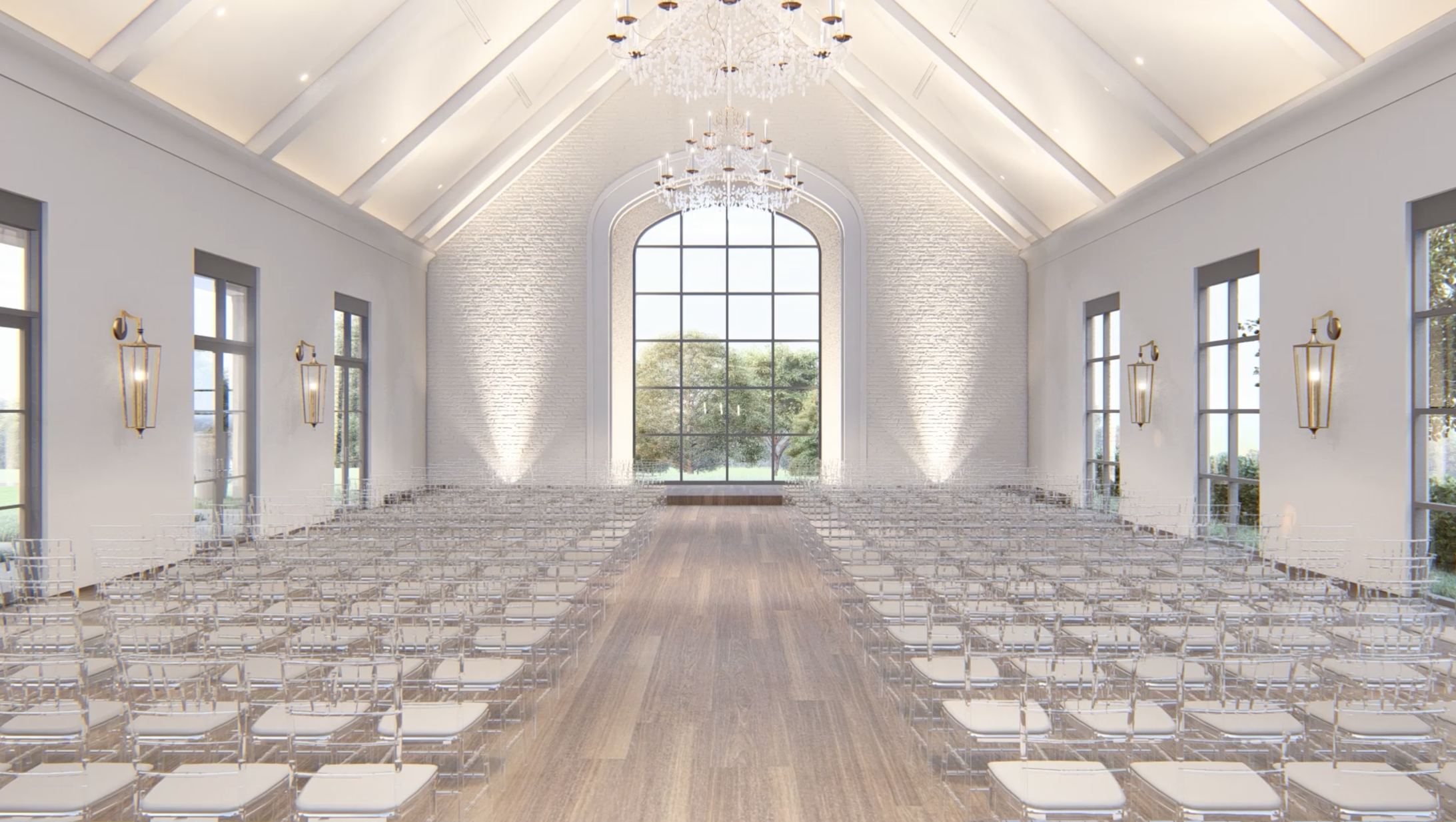 A modern chapel rendering featuring a vaulted white ceiling, crystal chandeliers, clear chiavari chairs lining the aisle, and a dramatic arched window overlooking the trees.