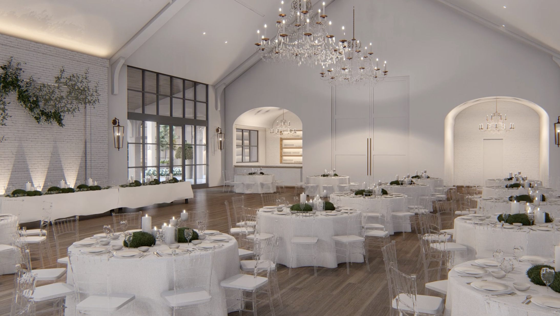 A rendered view of a spacious reception hall with a vaulted ceiling, crystal chandeliers, white tables with green centerpieces, and clear chiavari chairs.