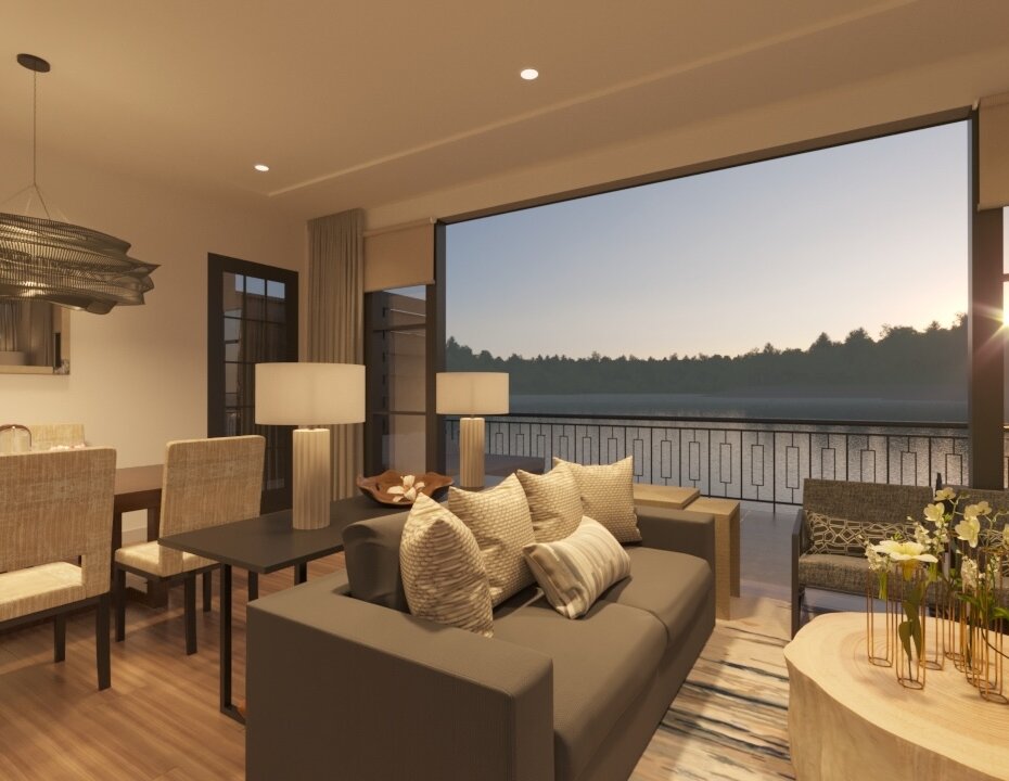 The Laiken Villa's modern living area with patio overlooking the lake