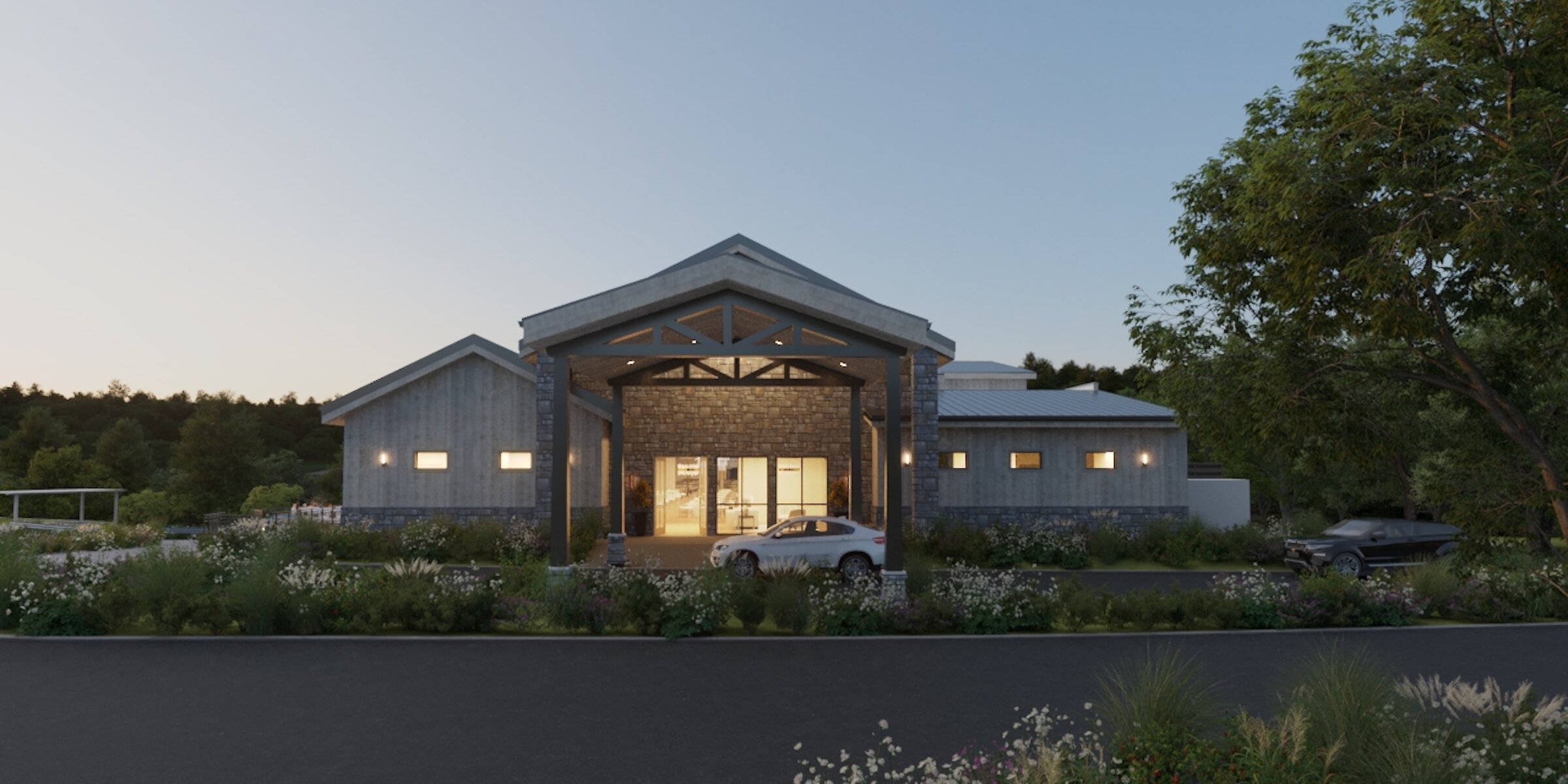 A rendered view of a rustic lodge wedding venue exterior featuring gray wood siding, a stone entrance, and native landscaping under a dusky sky.