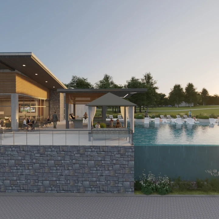 A rendered view of an outdoor lounge area and infinity pool built over a stacked stone wall, with people gathered on the glass-walled patio at sunset.