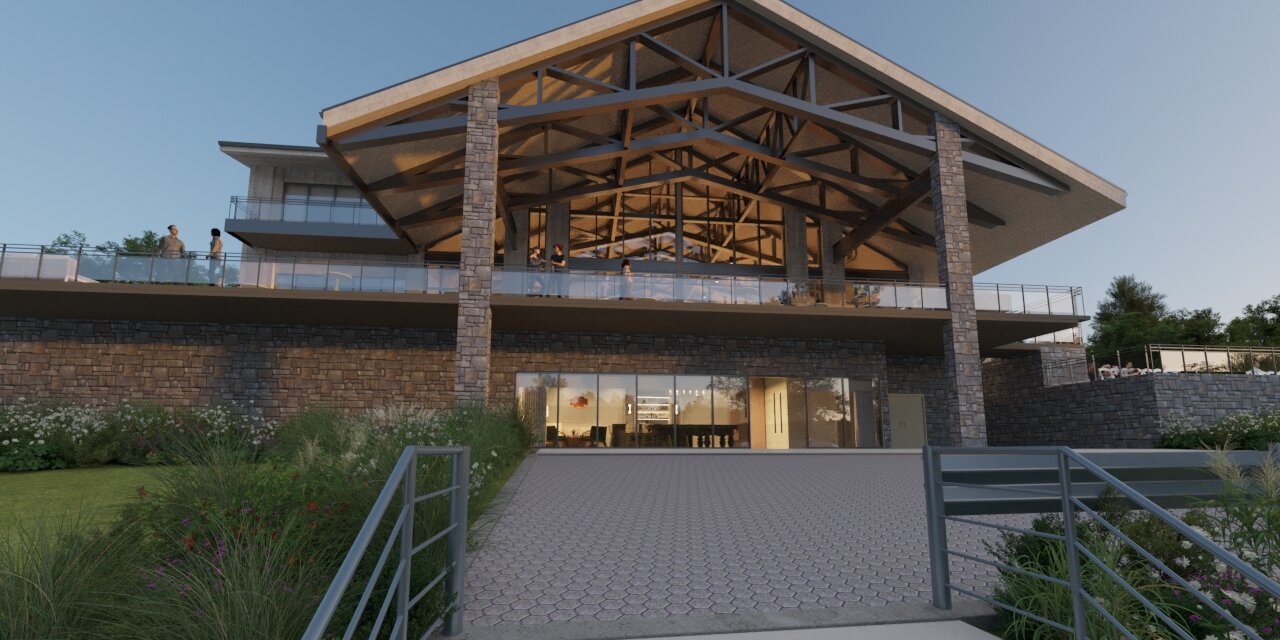A rendered view of the luxury wedding lodge exterior featuring a prominent covered entrance with vaulted steel and wood beams and a massive stacked stone base.