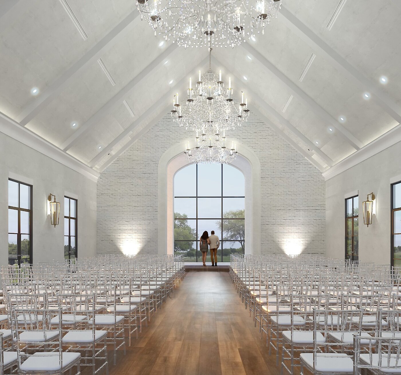 Rendering of the vaulted white interior of the chapel at Aylin Acres, with large windows and chandeliers.