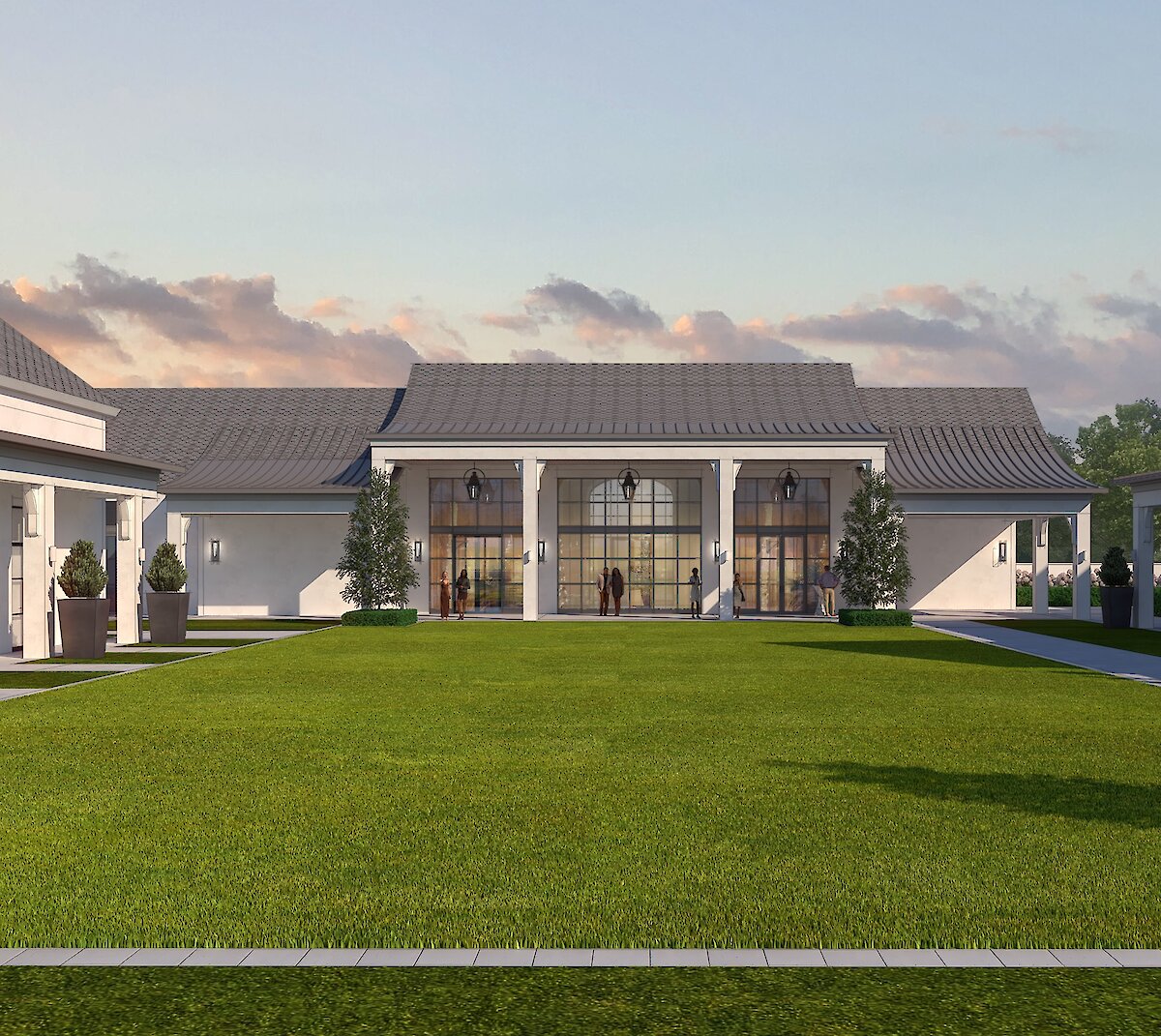 A rendering of the modern, white Aylin Acres venue with a dark roof, large glass doors, and a spacious green lawn in the foreground.