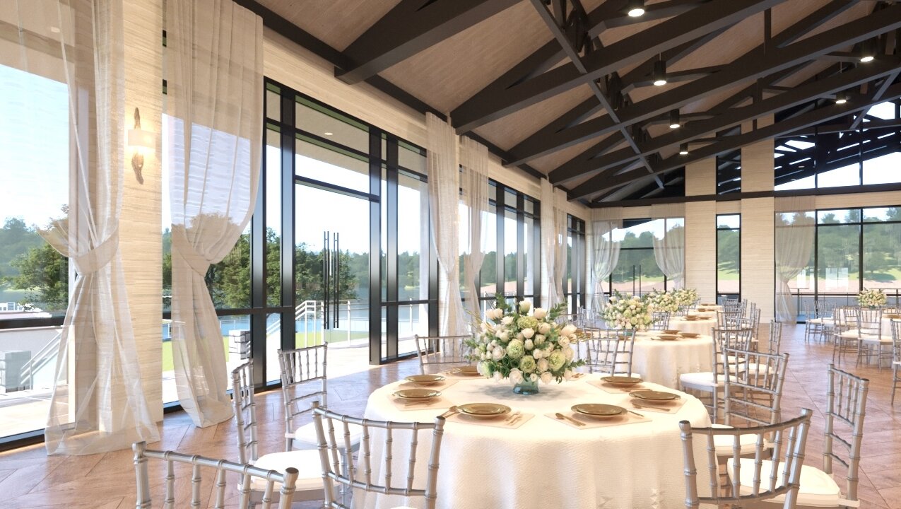 A bright indoor reception room with high vaulted ceilings, exposed black beams, white draping, and round tables set with white linens and silver chiavari chairs.
