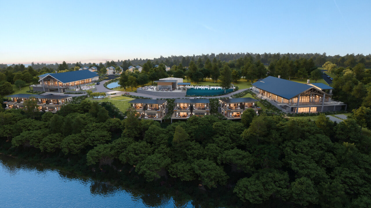 An aerial view rendering of a large, modern lakefront resort and wedding venue complex with blue roofs, multiple guest lodges, and a central pool area.