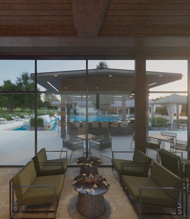 A rendered view of a dark, modern interior lounge area with olive green seating, facing large windows that overlook a lighted outdoor pool and bar area at sunset.