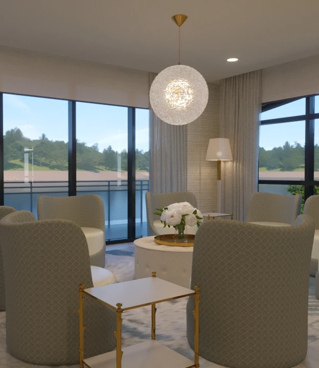 A rendered lounge area featuring neutral upholstered chairs around a circular table, with a marble floor, globe chandelier, and sheer curtains framing large windows.