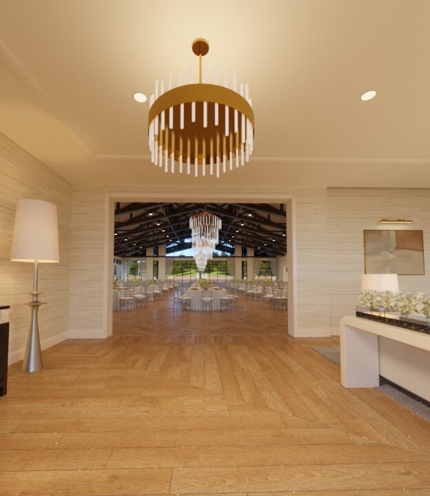 A rendered view of the venue's entry foyer with light wood floors, modern chandeliers, and a glimpse through a large doorway into the main reception hall.