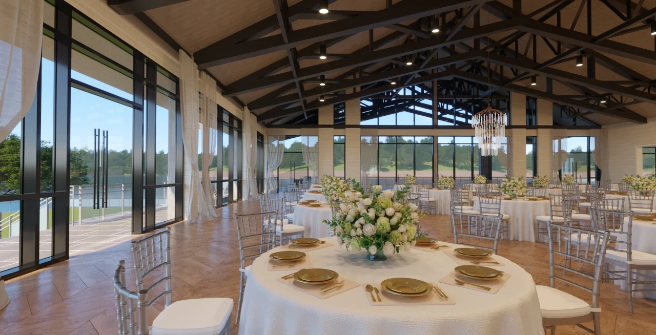 A rendered reception hall with vaulted wooden ceilings, exposed dark beams, white round tables set with gold chargers, and clear view of a lake through large windows.