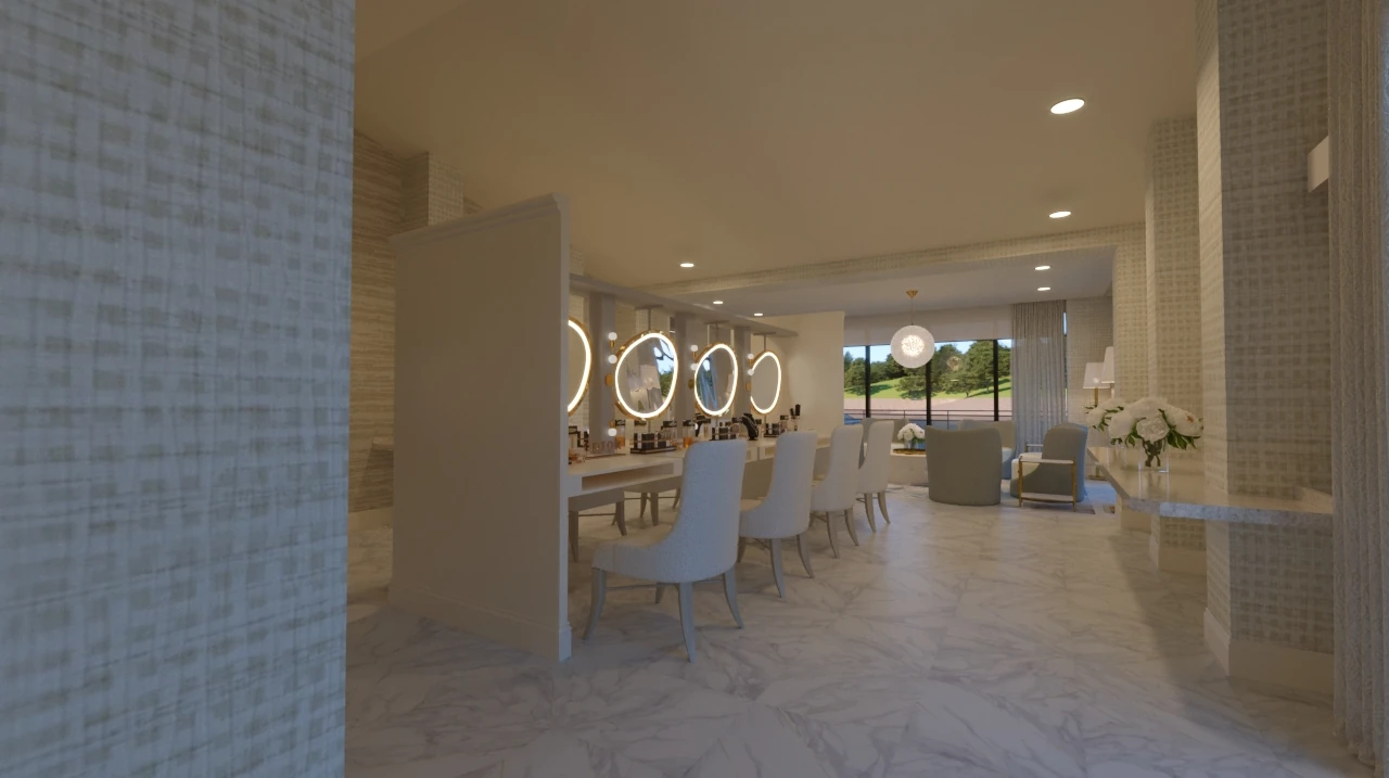 A rendered view of a luxurious bridal suite featuring a long makeup vanity with circular backlit mirrors and white chairs, all set on a white marble floor.