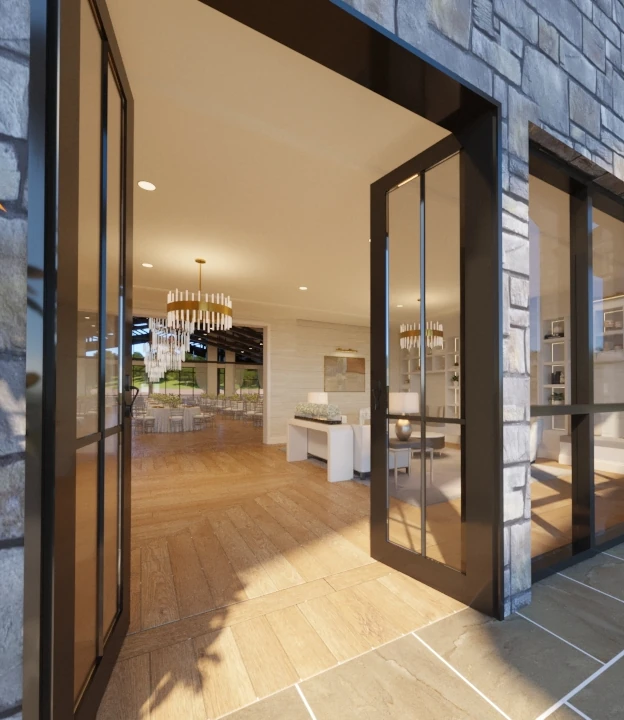 An architectural rendering showing a modern venue's stone exterior patio and glass French doors opening into an interior event space with chandeliers.