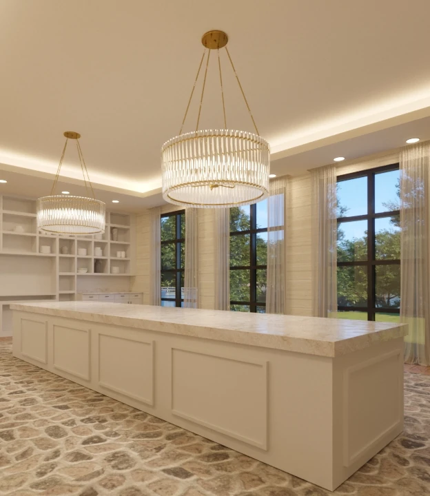 A rendered view of the bridal suite kitchenette or prep area featuring a large central marble-topped island, open shelving, and a unique stone-patterned floor.