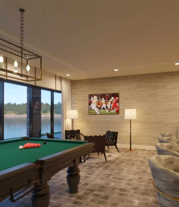 An interior rendering of a groom's suite or lounge area featuring a pool table, bar seating, a television, and large windows overlooking a lake.