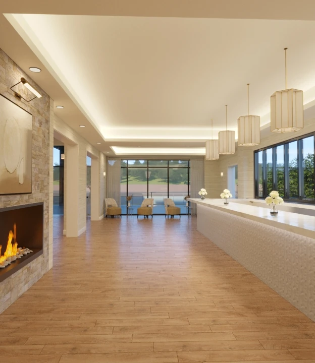 A rendered view of an elegant interior lounge featuring a long modern bar with textured white front, a stacked stone fireplace, and large windows overlooking the outdoors.