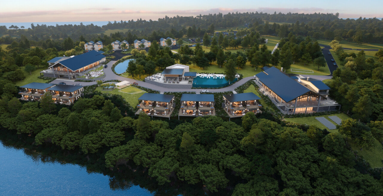 An aerial rendered view of the entire lakeside wedding resort property featuring multiple lodges, the main event buildings, pool, and surrounding forest at dusk.