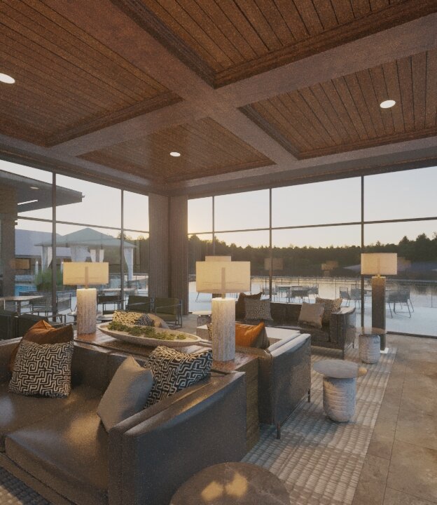 A rendered view of an interior lounge area featuring dark leather and green sofas, a wood coffered ceiling, and floor-to-ceiling windows overlooking a sunset view.