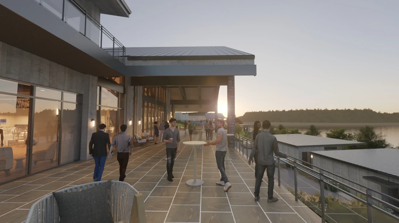 A rendered view of a spacious outdoor patio overlooking a lake at sunset, with guests mingling and a covered walkway connecting the resort buildings.