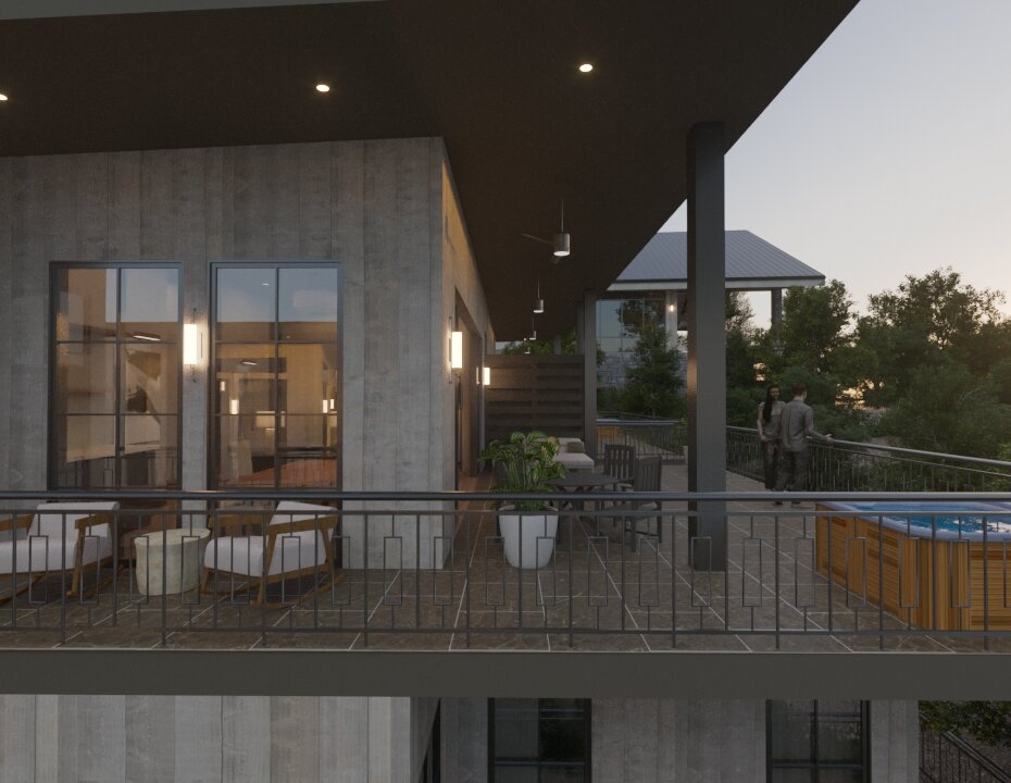 A rendered view of a modern lodge balcony featuring a hot tub, comfortable outdoor lounge seating, and a sleek metal railing overlooking the hillside.