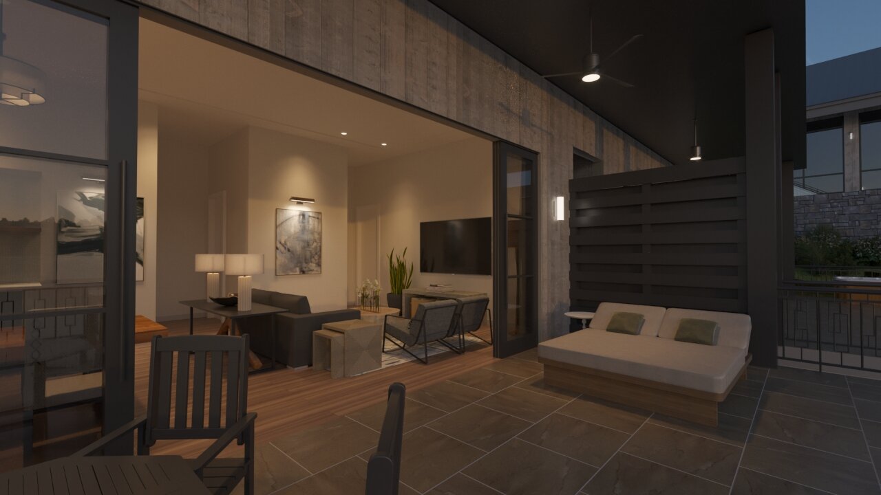 A rendered view of a modern indoor-outdoor guest lodge space, showing an open living room connected to a covered patio with a daybed and ceiling fan.