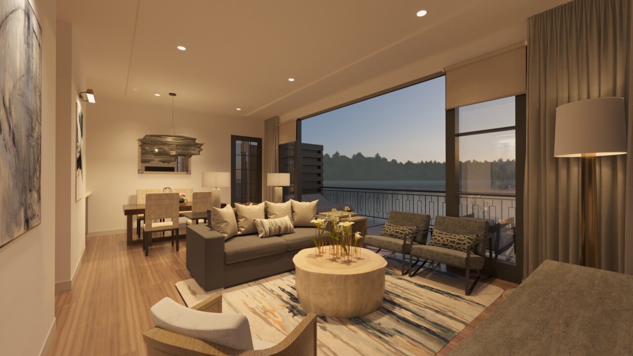 A rendered view of the luxury lodge interior featuring a contemporary living and dining area with a large sofa, natural wood accents, and a wide balcony view of the lake at dusk.