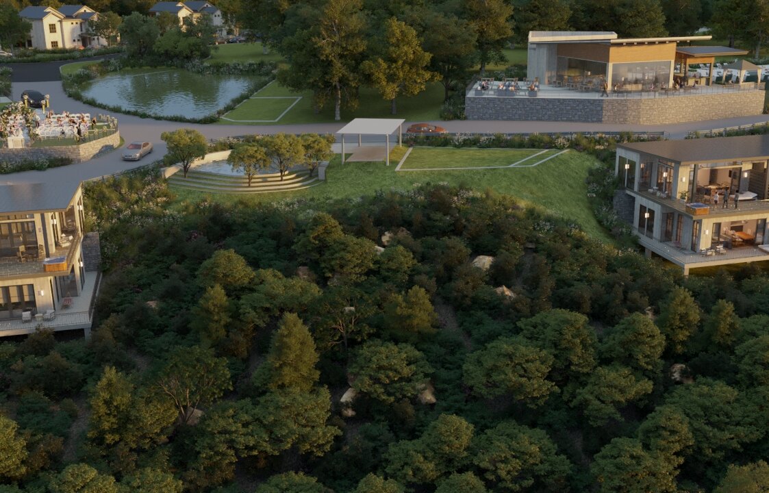 An aerial view rendering of a hillside wedding venue complex featuring modern buildings, outdoor terraces, a pond, and ceremony space.