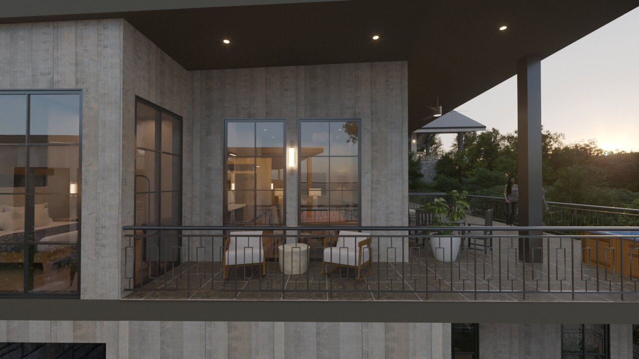 An architectural rendering of a modern venue's outdoor balcony with a railing, dark framed windows, and white outdoor seating overlooking trees.