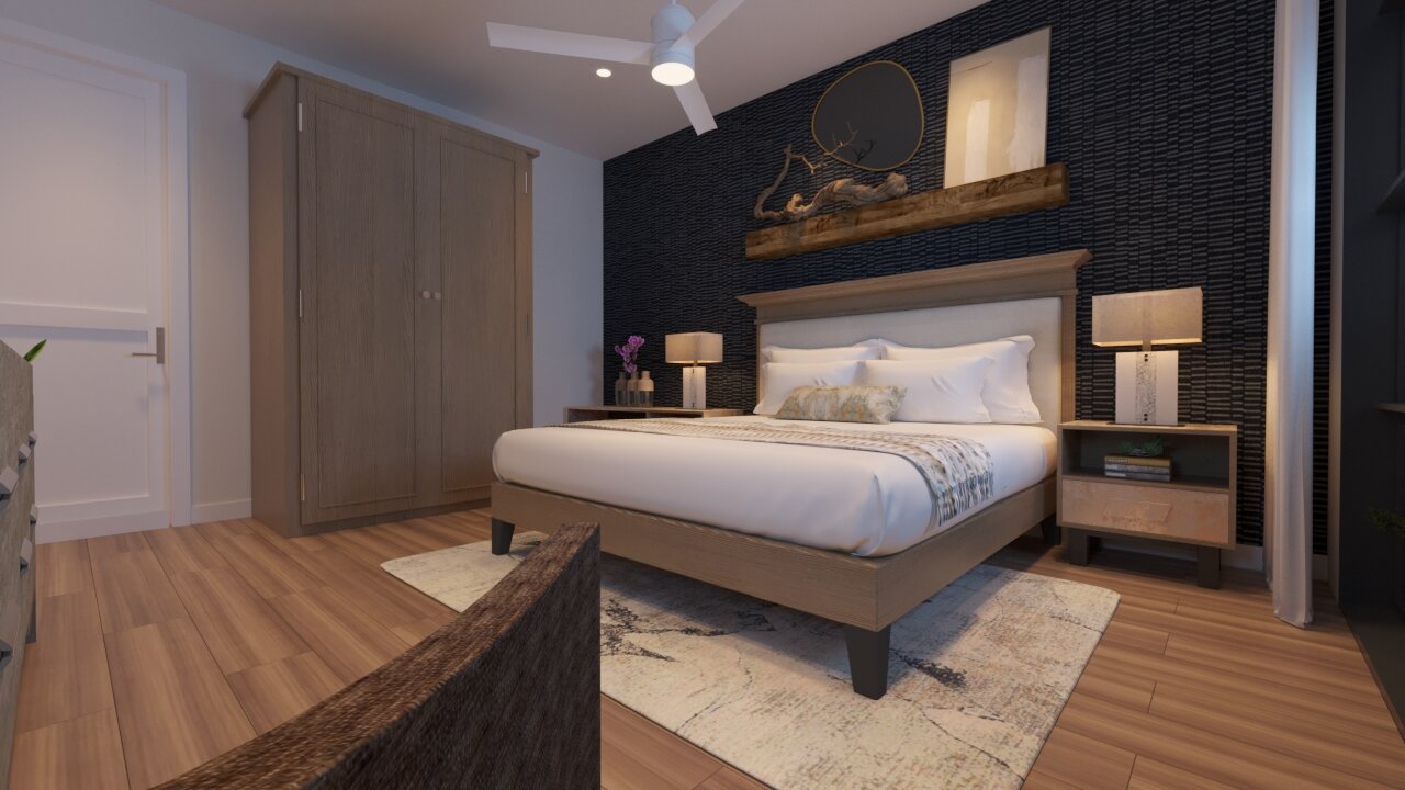 An interior rendering of a modern, well-appointed master bedroom featuring a neutral bed, wood headboard, dark textured accent wall, and wooden floor.