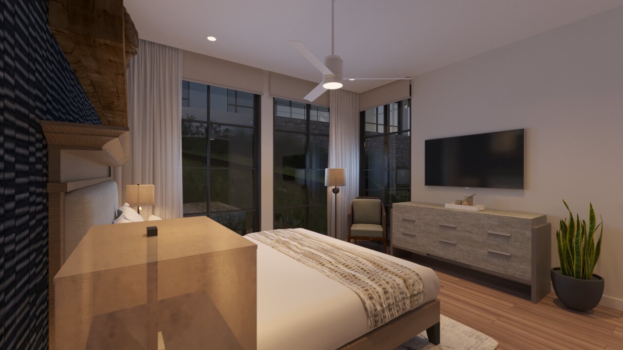 A modern guest bedroom rendering featuring a low bed, wide dresser with a television, and large dark-framed windows with sheer white curtains.