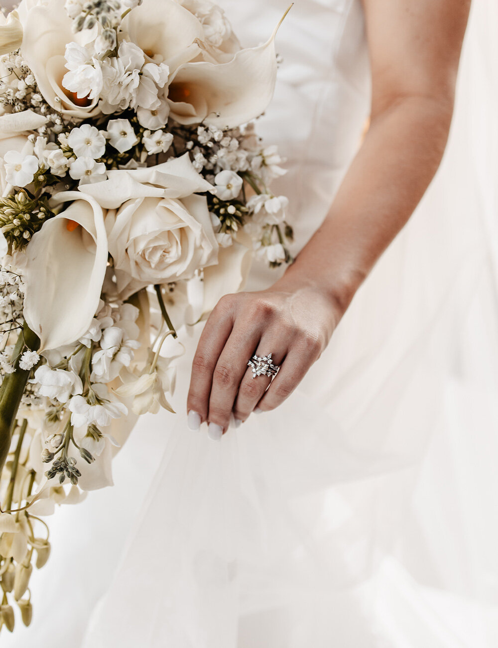 close view of wedding ring and bouquet