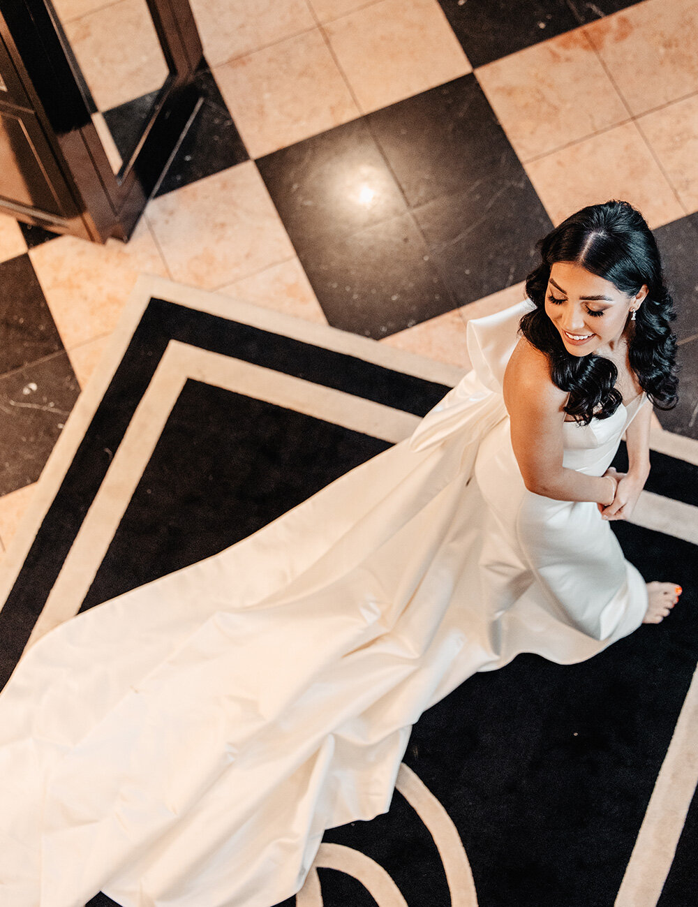 bride walking inside looking back at train