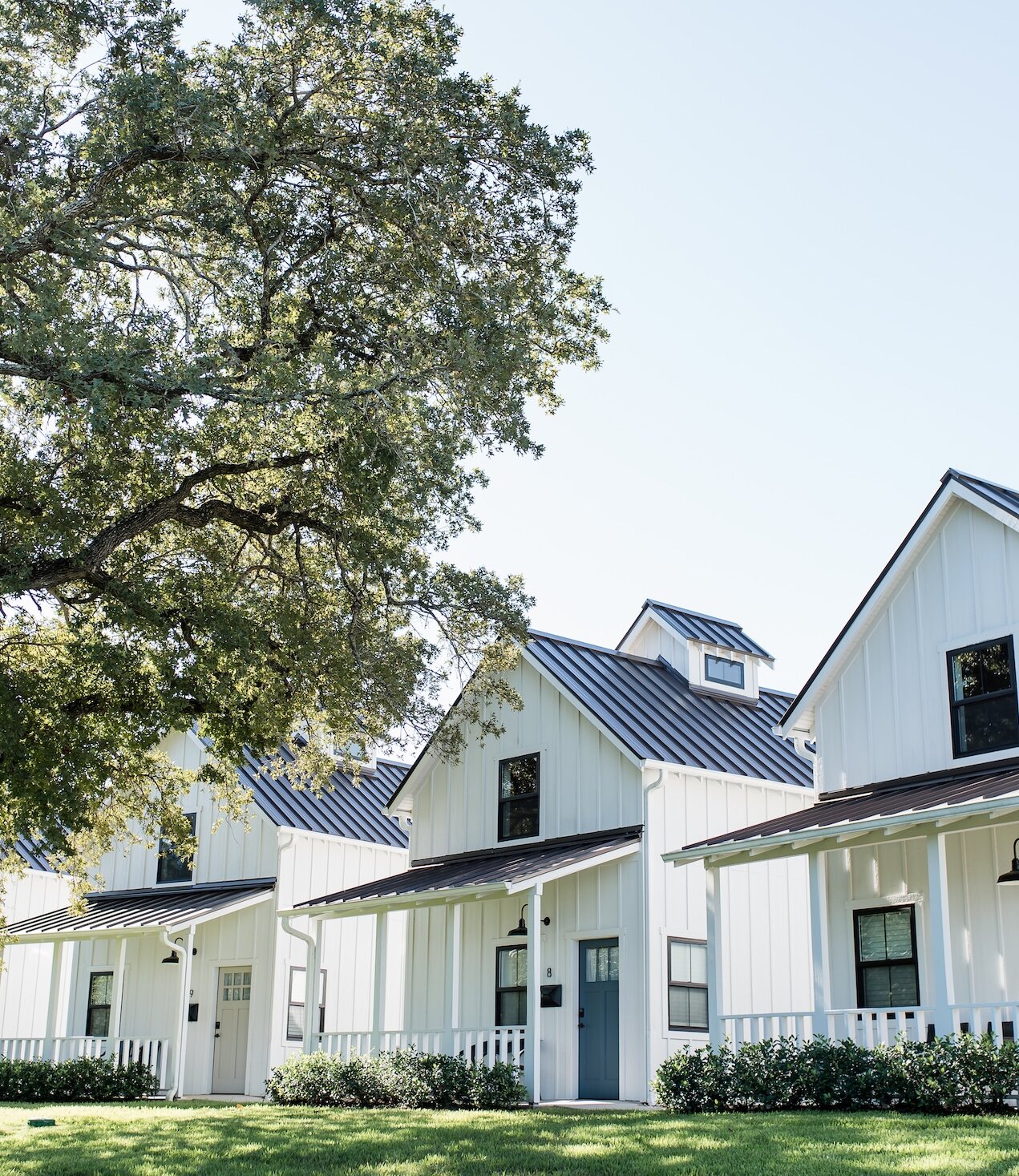 Row of identical white modern farmhouse cabins with black metal roofs and small front porches, situated under a large, spreading oak tree on a sunny day.