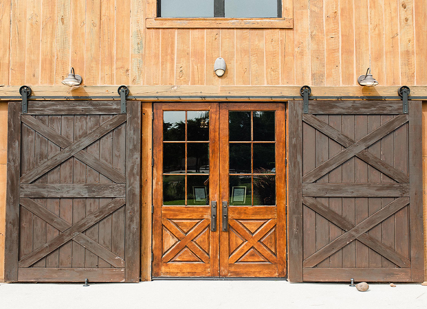 Wooden doors on front of building
