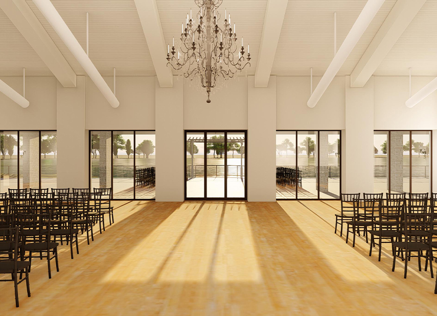 Wedding ceremony space with rows of chairs